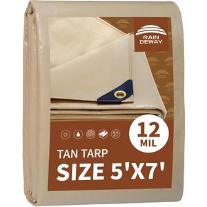 RAINDEWAY 5x7 Feet Heavy Duty 12 Mil Tan Poly Tarp Cover,UV Resistant,Weatherproof,Durable,Multipurpose Waterproof Small Tarp with Grommets and Reinforced Edges