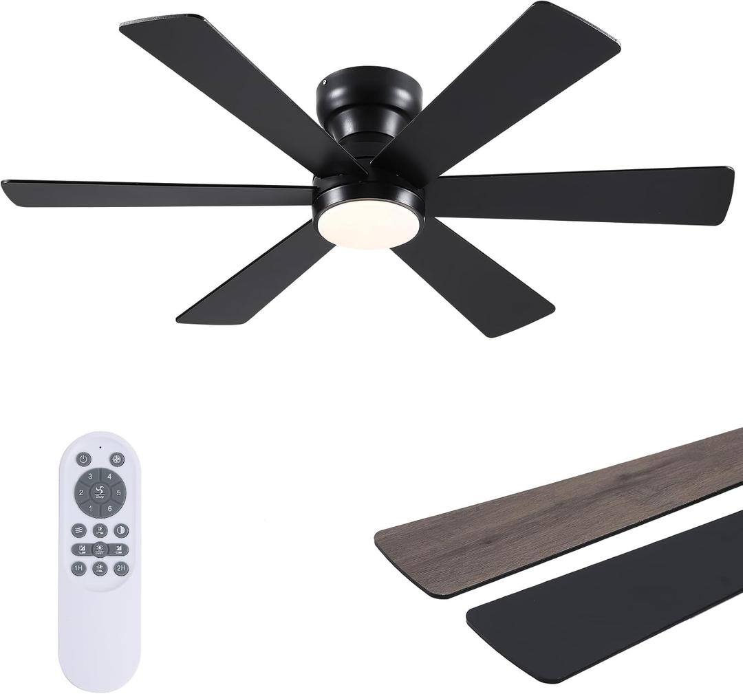 Asyko 46" Low Profile Ceiling Fan with Light and Remote Control,Black Modern Flush Mount Ceiling Fan with Lights for Bedroom, Reversible, Dimmable, Noiseless