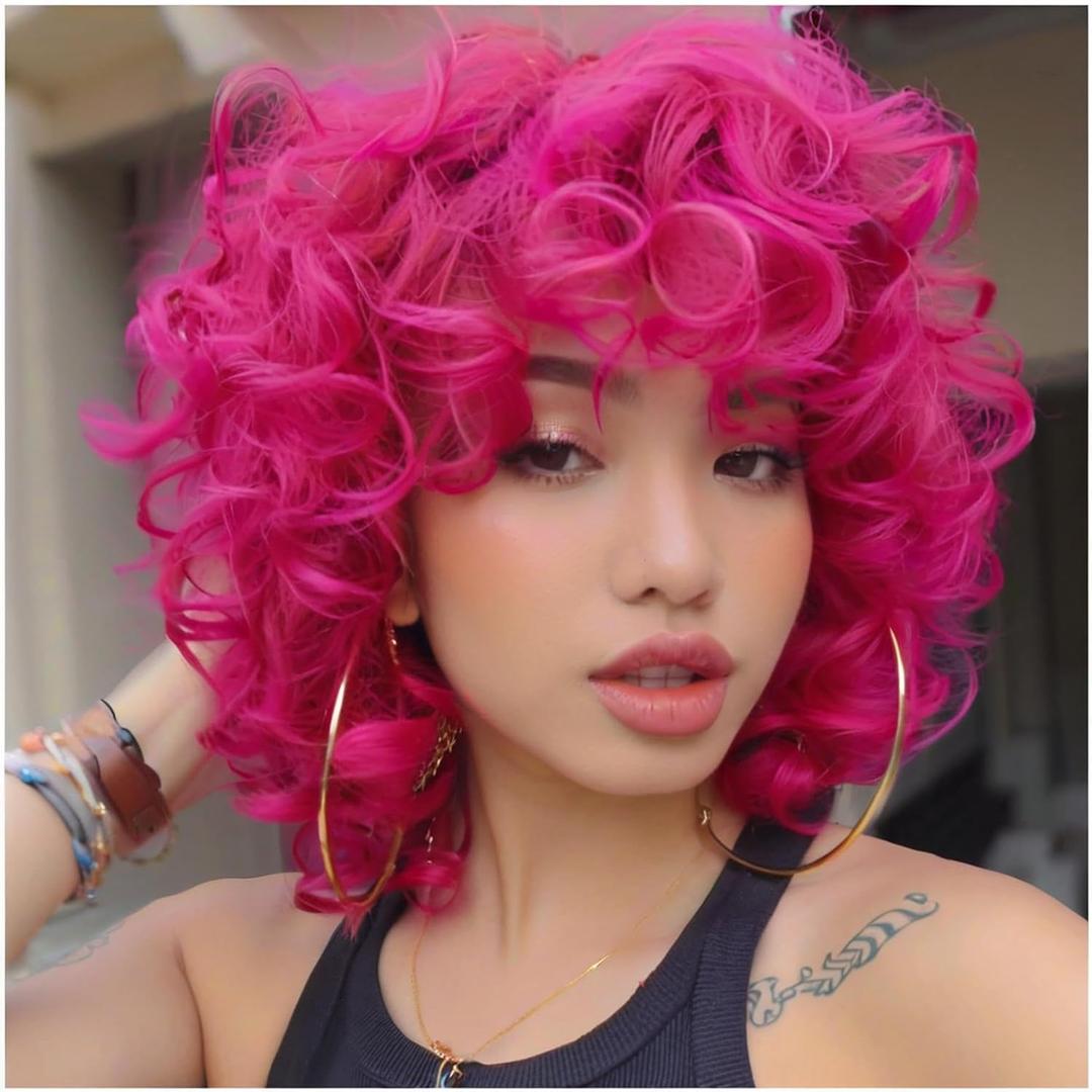 Hot Pink Curly Wig for Black Women Soft Short Curly Wig with Bangs for American Women WigsLarge Earrings+Makeup Sponge+Wig Cap (Hot Pink)