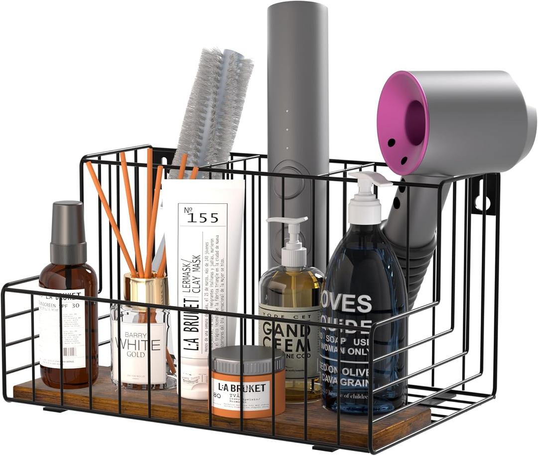 Hair Dryer Holder, Hair Tool Organizer, Wall Mount Hair Tools Organizer for Blow Dryer, Flat Iron, Curling Iron, Straightener, Styling Tools Bathroom Storage and Organizer, Wood-Black