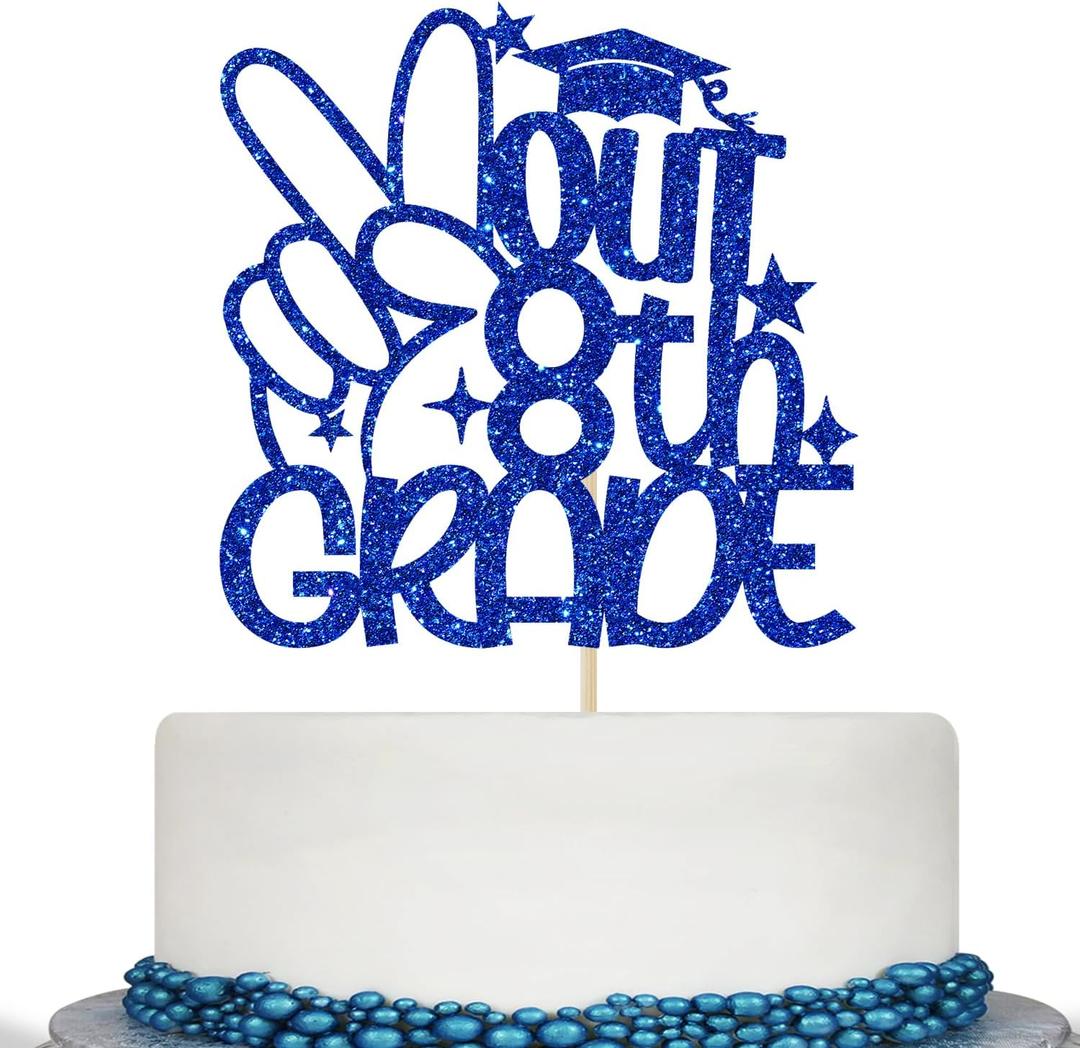 Calarjeta Out 8th Grade Cake Topper, 8th Grade Grad Cake Topper, Class of 2024 8th Graduation, Eighth Grade Graduation Party Decorations Blue Glitter