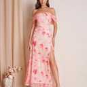 HTZMO Off Shoulder Floral Wedding Guest Maxi Dress Sexy Slit Summer Party Elegant Long Dresses for Women 2026 (Pink, XS)