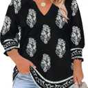 TFSDOD Boho Tops for Women Trendy 2026 Plus Size Spring Break Clothes 3/ 4 Length Sleeve Womens Tops V Neck Smocked Shirts Spring Womens Blouses XXL