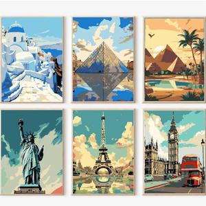 Lofenghome Paint by Number Kits for Adults, DIY Canvas Adults Craft Art Projects, World Landmarks Collection 6-Pack Famous Architecture Scenes for Adult Crafts