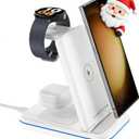 Wireless Charger for Samsung/Android, HOLYJOY Foldable 3 in 1 Fast Charging Station/Stand/Multi Charger for Samsung S25 Ultra/S24/Note 20,Travel Pad for Galaxy Watch 8/7/6/5/4/Active 2,For Buds(Ivory)