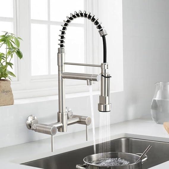 DEMIINUS Wall Mount Kitchen Faucet with Pull Down Sprayer, 8 Inch Center Commercial High Arc Kitchen Sink Faucet, 2 Handle Wall Mount Faucet for Kitchen Sink, Brushed Nickel