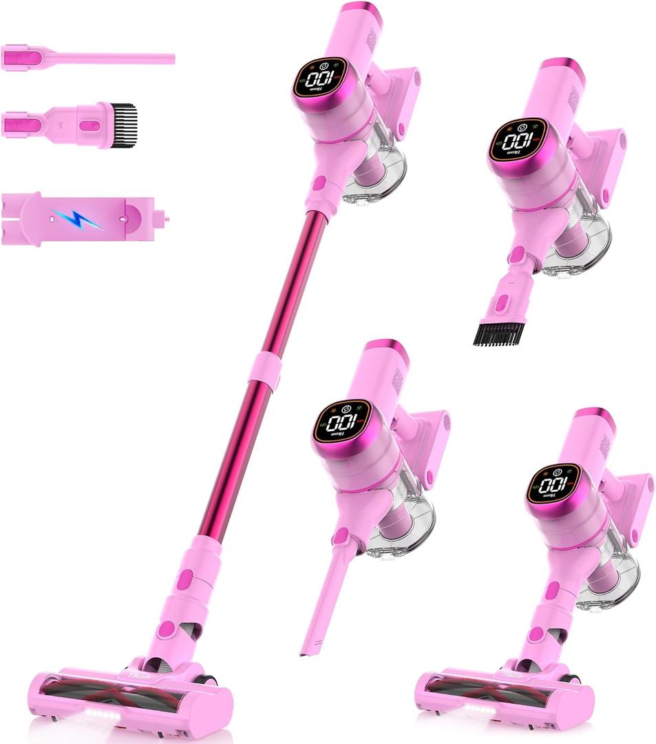 Tikom V500 Cordless Vacuum Cleaner for Home, 40000Pa/450W Stick Vacuum with LED Touch Screen, Charging Wall Dock, Anti-Tangle, Lightweight Handheld Vacuum for Pet Hair, Hard Floor, Carpet (Pink&red)