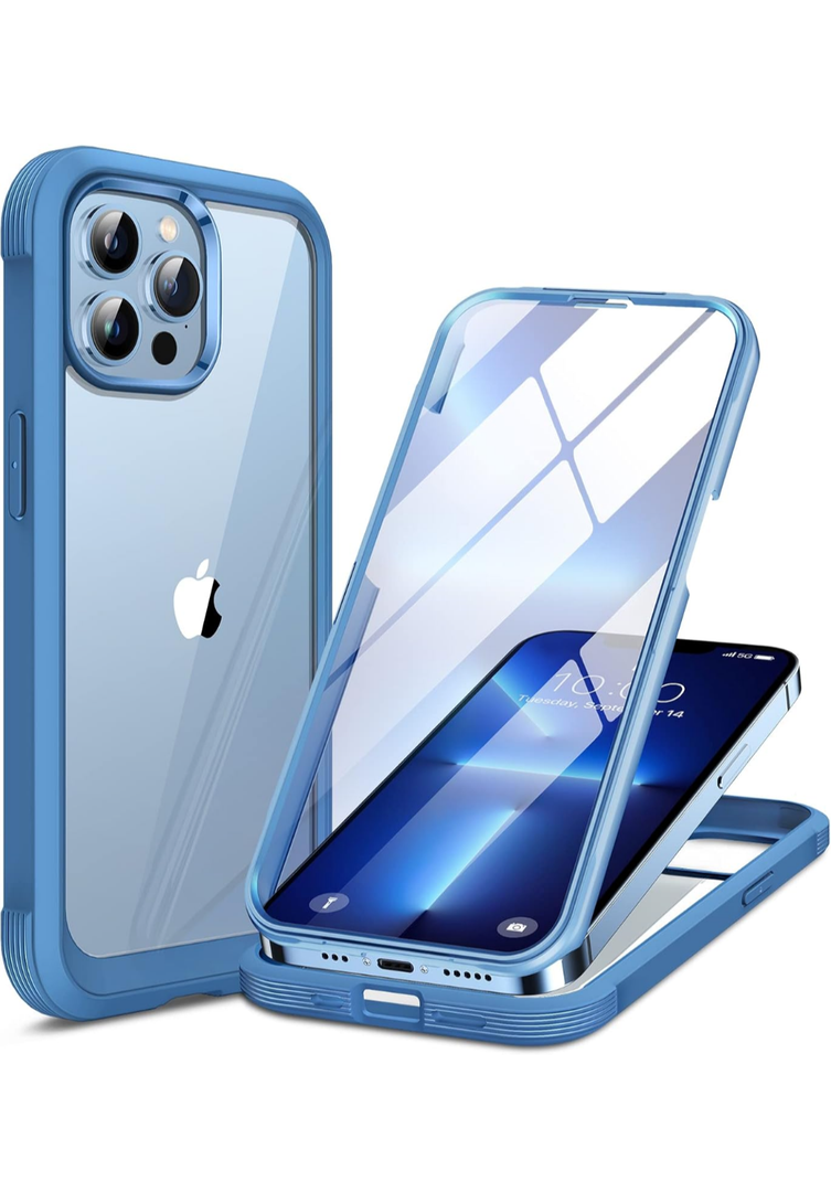 Miracase Glass Case for iPhone 13 Pro,  Upgrade Full-Body Clear Bumper Case with Built-in 9H Tempered Glass Screen Protector, Capri Blue