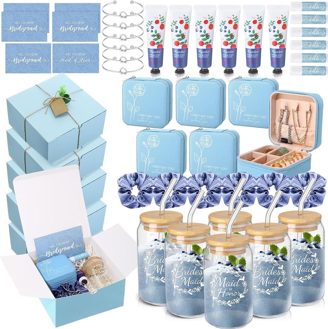 Teenyyou 60 Pcs Bridesmaid Proposal Gifts Bridesmaid Box Set Maid of Honor Gift Wedding Bridal Shower Include Jewelry Box Glass Cup Scrunchies Hair Knotted Bracelets Hand Cream Lip Balm Cards(Blue)