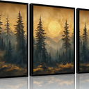Framed 3pcs Vintage Pine Forest Wall Art Nature Landscape Full Moon Canvas Prints Woodland Picture Poster Misty Forest Paintings Wall decor for Living Room Bedroom O