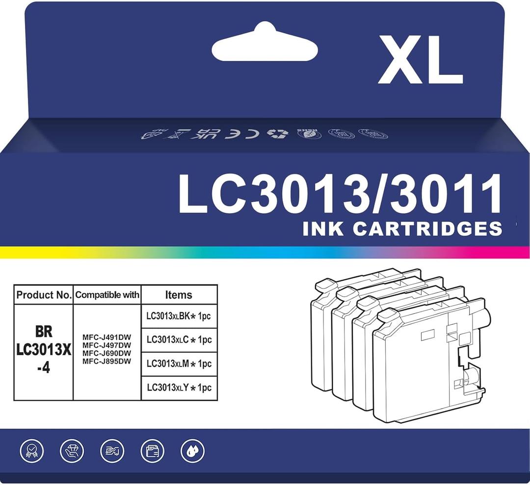 LC3013 XL Ink Cartridges Compatible with Brother LC3011 LC3013  High Yield Replacement for MFC-J497DW, J491DW, J690DW, J895DW Printers  4 Pack (Black, Cyan, Magenta, Yellow)