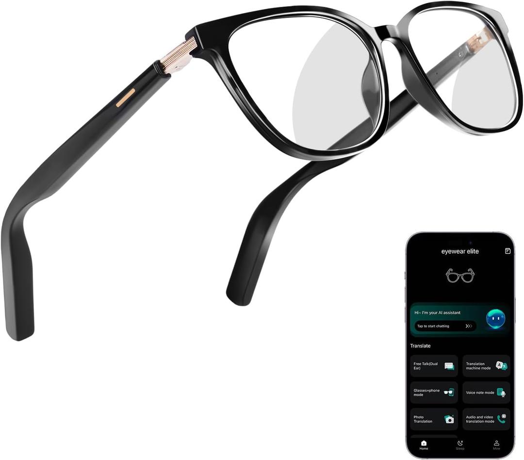 AI Smart Glasses for Men & Women  Powered by ChatGPT, Real-Time Translation, Bluetooth Glasses with Photochromic Lens, Music & Hands-Free Calling, UV & Blue Light Protection, Thin Temples (Black)