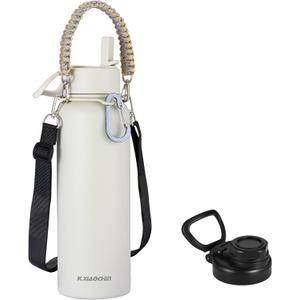 KXIAOCHEN Insulated Water Bottle, Stainless Steel Water Bottle, 2 Lids (Straw and Handle Lid),Wide Mouth Metal Water Bottles Keep Hot and Cold, Double Walled, Thermo Mug, Metal Canteen (40 Ounces, Cream)