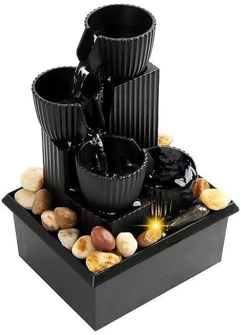 USB Tabletop Water Fountain with Real Stones & Yellow LED – Compact Indoor for Office, Home, Yoga & Meditation – Soothing Waterfall Feature, Quiet Pump, No-Brand – Black