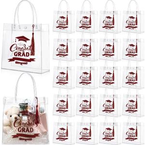 Sweetude 24 Pack 2026 Graduation Clear Gift Bags with Tassel Bulk, Congrats Grad Reusable PVC Treat Bags with Handles for Graduation Party Favors, High School College, 7.9 x 7.9 x 3.5 in (Burgundy)