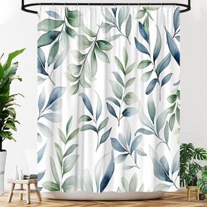 Sage Green Leaves Shower Curtain Watercolor Blue Green Plant Minimalist Modern Fabric Bathroom Decor Curtains with Hooks, 70" Wx70 H