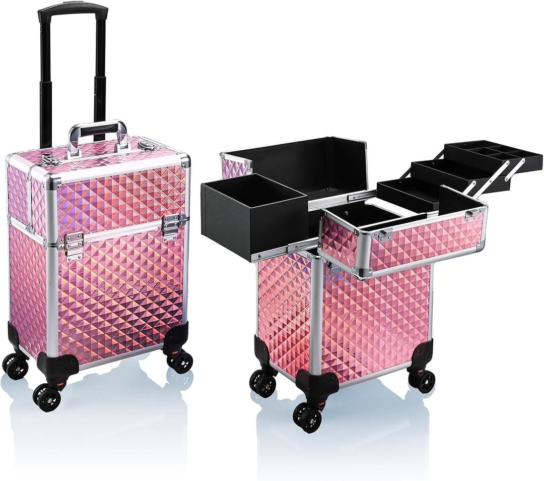 Stagiant Rolling Makeup Train Case Large Storage Cosmetic Trolley 4 Tray with Sliding Rail Removable Middle Layer with Key Swivel Wheels Salon Barber Case Traveling Cart Trunk (Pink)