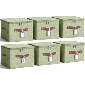 6 Pack Fabric Closet Storage Bins with Zipper Lids and Label, 10×8×7In Large Size Foldable Cotton Linen Storage Cubes Boxes with PU Leather Handles Holders for Bedroom, Shelf, Nursery, Green
