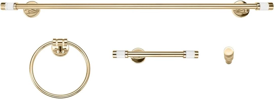 Globe Electric 63000097 4-Piece Bathroom Hardware Accessory Kit, Matte Brass, Clear Acrylic Accents, Robe Hook, Toilet Paper Holder, 24" Bar, Towel Ring, Powder Room Accessory, Home Dcor (Gold, Pierce)