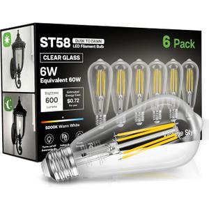 Dusk to Dawn Light Bulbs, 6W Equivalent 60W, Cool White 5000K, E26 Base, Light Sensing, ST58 Vintage Style, 600LM, Outdoor Edison Bulbs, Automatic Light Bulbs for Porch Patio Garage, 6 Pack