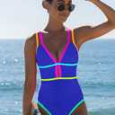 popvil Women One Piece Swimsuit 2025 Tummy Control Sexy Cutout Neon Color Block Bathing Suit Deep V Neck Adjustable Swimwear, size Medium, Navy Blue