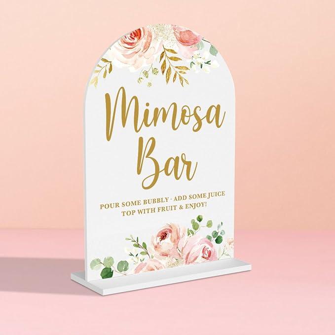 Acrylic Wedding Signs, Flower Bar Desk Decor, Flower Bar Signs for Ceremony, Modern Calligraphy Arch Acrylic Table Top Sign for Wedding Reception and Engagement Parties (Pink Flowers)