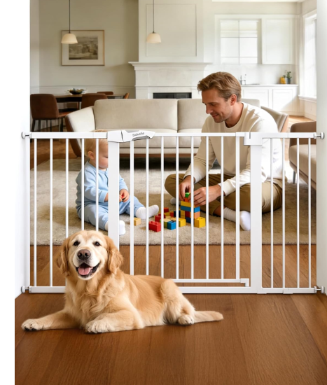 Babelio 29-55 Inch Extra Wide Baby/Dog Gate, PressGuard P7, Metal Auto Close, Pressure Mounted Pet Door for Doorways, NO Need Tools and Drilling, with Wall Cups, White