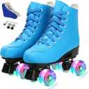 Women's Roller Skates PU Leather High-top Roller Skates Four-Wheel Roller Skates Shiny Roller Skates with Carry Bag for Girls (Blue Flash Wheel, Size: Women's 8.5 / Men's 7)