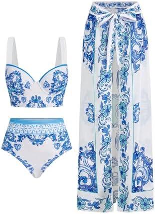 RoseSeek Women's 3 Pieces Bathing Suit Set Boho Graphic Bikini Set with Swimsuit Cover Ups Size Small RoseSeek Women's 3 Pieces Bathing Suit Set Boho Graphic Bikini Set with Swimsuit Cover Ups Size Small