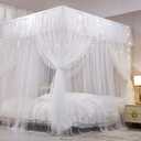 VETHIN 4 Corners Post Ruffle Princess Bed Canopy Curtain-Double Layer Cozy Drape Netting 4 Opening Mosquito Net for Girls Adults Bedroom Decoration (White/White, 59" W*82" L*82"*H/(Queen))