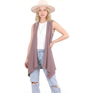 Popana Long Sleeveless Cardigan for Women  Draped Open Front, Asymmetric Hem Long Sweater Vest (Small, Toffee)