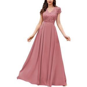 Miusol Women's Elegant Floral Lace Formal V Neck Bridesmaid Party Dress (Pink, M)
