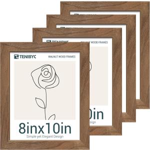 8x10 Picture Frame Set of 4, Brown Wood Grain, HD Tempered Glass, Natural Walnut Photo Frame, Table or Wall Display