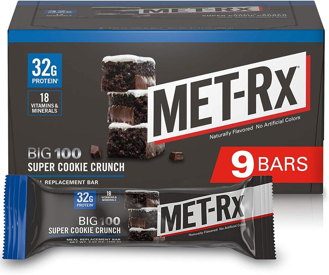 MET-Rx Big 100 Protein Bar, Meal Replacement Bar, 32G Protein, Super Cookie Crunch, 9 Bars (Pack of 1)