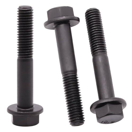 M10-1.5 x 60mm (12 Pack) Flanged Hex Head Bolts, Hexagon Flange Screws, Black Oxide Finish, 10.9 Grade Alloy Steel, Motocycle Car Bolts Replacements, Partial Thread