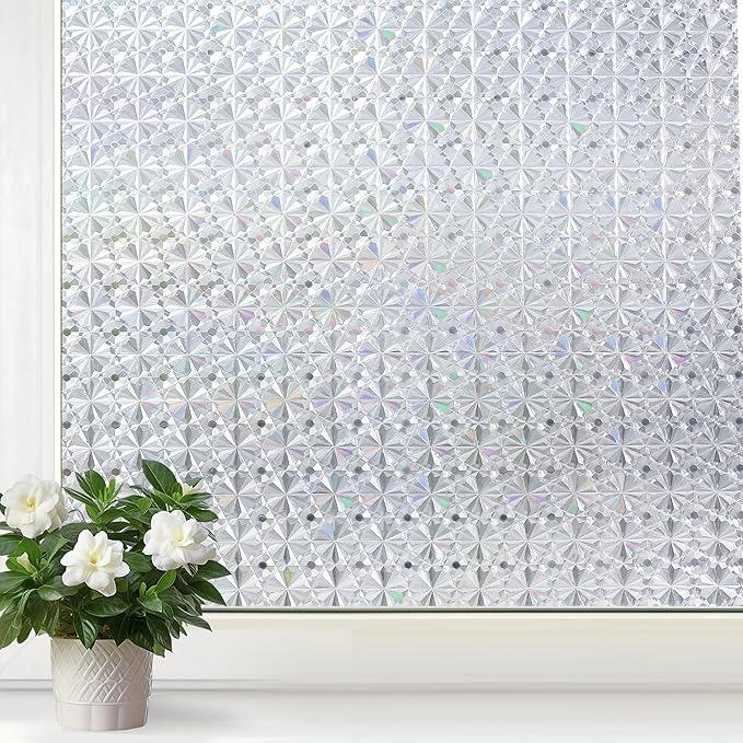 Mangobox Window Privacy Film Non Adhesive 3D Diamond Window Decal Sticker Static Cling Door Glass Covering Square Window Tinting for Home Kitchen Bathroom Office (Clear Diamond, 35.4x78.7 inches)