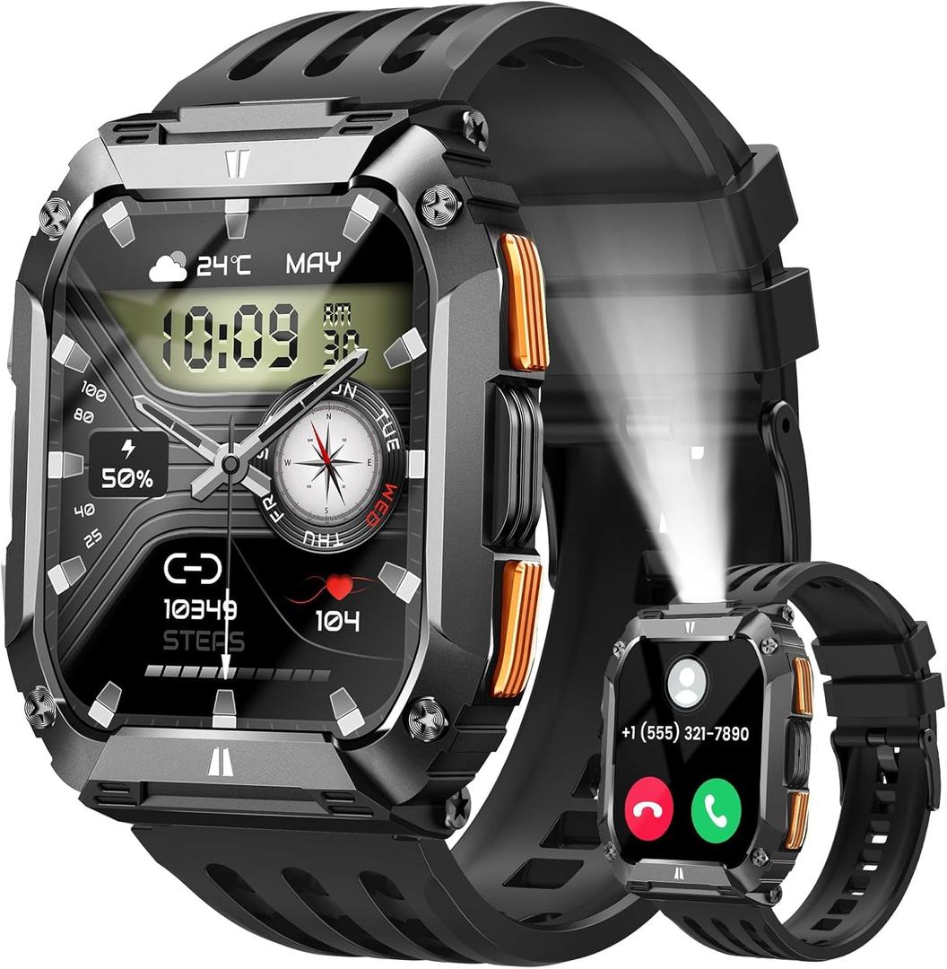 Smart Watches for Men, 1.95'' Fitness Watch: Waterproof Military Smart Watch with 100 Days Battery Life/Call/Flashlight/Sleep/SpO2/Heart Rate Monitor/Step Tracker, Sport Smartwatch for Android iPhone (Black)