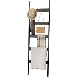 Blanket Ladder, 5-Tier Towel Holder with 4 Removable Hooks, Farmhouse Wall Leaning Decorative Rack Shelf, Wooden Towel Display Rack, Quilt Ladder for Living Room, Bedroom, Black
