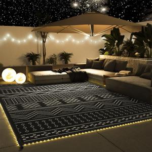 Outdoor Rug Carpet Waterproof 8x10 ft with LED Strip Lights-Patio Rug Mat Indoor Outdoor Rug for RV Camping Picnic Reversible Lightweight Plastic Straw Outside Rug for Patio Decor Decoration Boho Rug (8x10 ft Lights, Black&white)