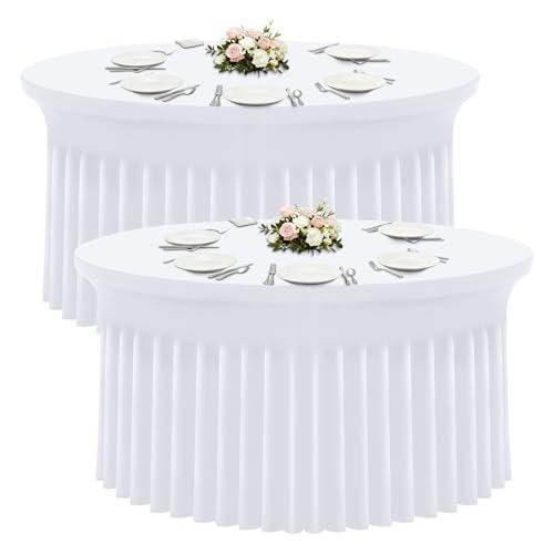 Moosfor Spandex Fitted 48 inch Round Tablecloth 2 Pack, Elastic Stretch Wrinkle Resistant 4FT Table Skirt, Washable Reusable Table Cover for Wedding, Banquet, Party Events, White