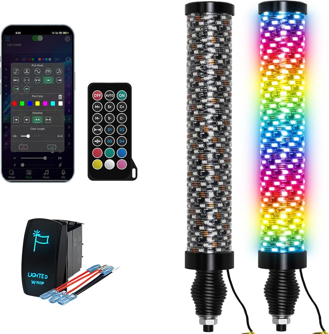 2PCS 1FT Fat Whip Lights with Spring Base, Thick LED Whip Lights with App & Remote Control,Spiral RGB Chasing Lighted Antenna Whips with Rocker Switch,Music Whip Light for UTV ATV Can-Am Truck
