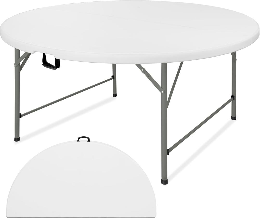 5 FT Round Folding Tables with Carrying Handle 60 inch Heavy Duty Portable Plastic Commercial Table Steel Legs for Party, Dining, Wedding, Events, Picnic Indoor, Outdoor (White,1 Pack)