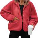 ReachMe Womens Sherpa Jacket Casual Lapel Button Down Cropped Fuzzy Fleece Jackets Long Sleeve Winter Coats with Pockets (Large, Red)