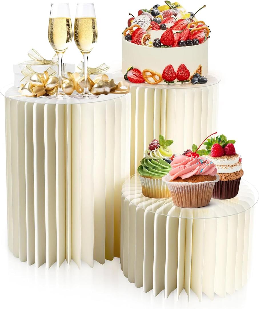 YABORAS Cylinder Pedestal Stands Set of 4, Foldable Cardboard Cylinder Pedestal for Party Dessert Cake Table Display Pillars for Wedding, Birthday, Banquet, Baby Shower Parties Decor