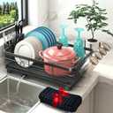 Godboat Dish Drying Rack, Dish Rack with Auto-Drain & Mat, Dish Drainers for Kitchen Counter, Glass Organizer for 4 Cups, 3 Slots Utensil Holder, Gifts for Women Mothers Day, Kitchen Gadgets & Decor (Large/(1-Tier))