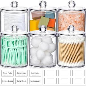 AOZITA 6 Pack Acrylic Qtip Holder Dispenser for Cotton, Swab, Ball, Round Pads, Floss Picks - Clear Plastic Apothecary Jar Set, Bathroom Canister Storage Organization, Vanity Makeup Organizer