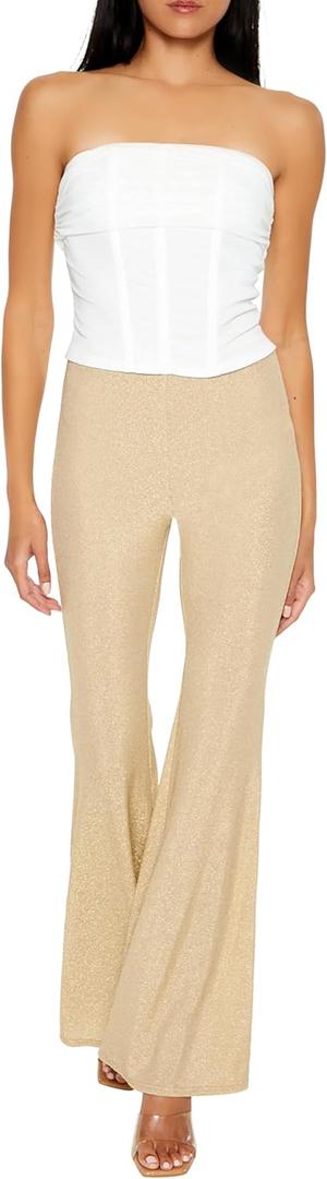 Forever 21 Womens Glitter High-Rise Flare Pants (Large, Champagne)