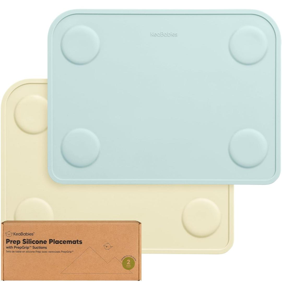 KeaBabies 2pk Silicone Placemats for Toddlers,Kids - 12x9 Non Slip Suction Baby Silicone Placemat for Restaurants,Dining Table,Travel,Easy to Clean,Food Grade/BPA-Free,Small Baby Table Mat(Pastel Sky)