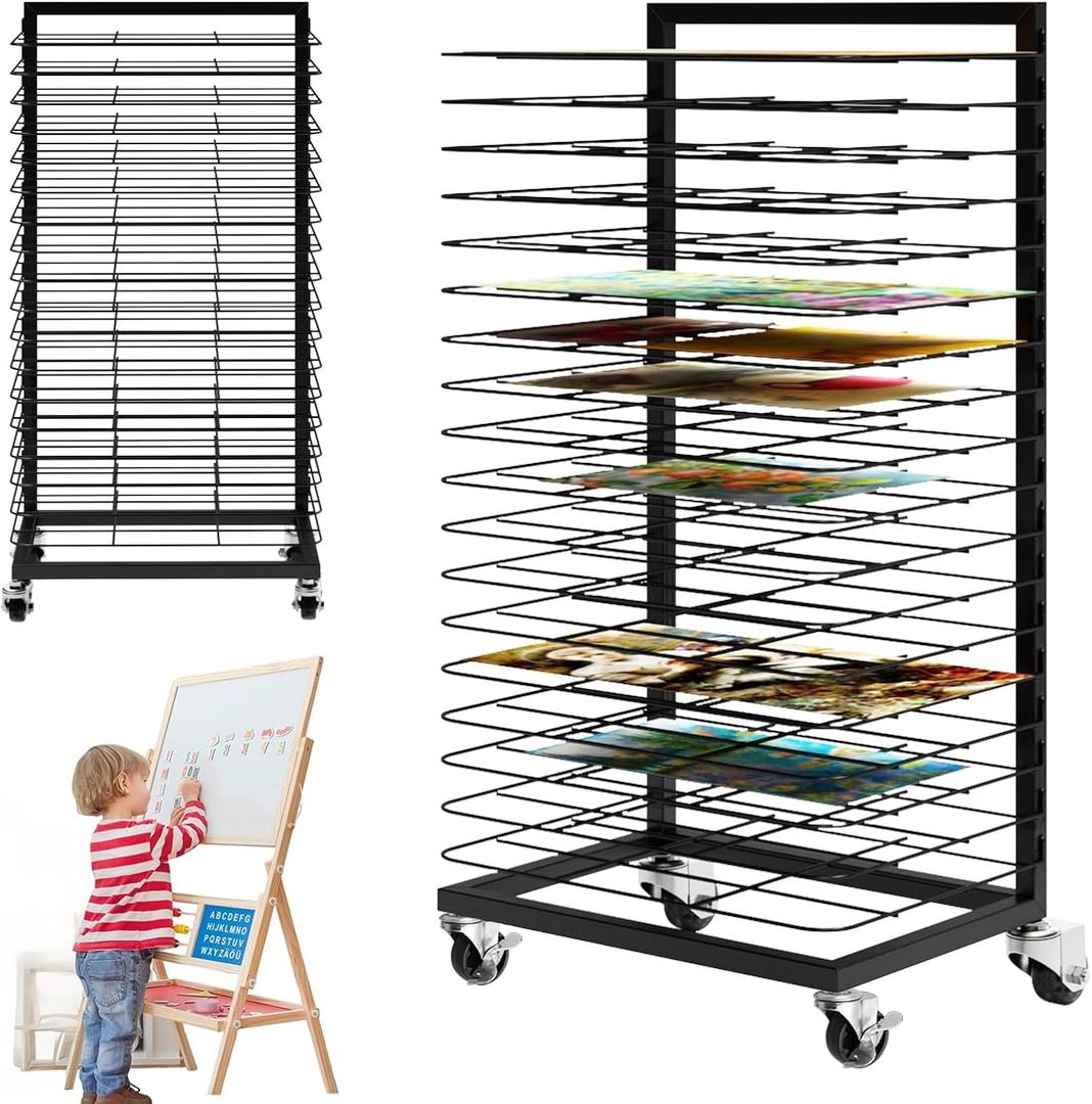 Art Drying Rack with 18 Removable Shelves,Art Drying Rack for Classroom with Locking Wheels,Art Canvas Storage Rack for Classrooms & Art Studios, Black, 27 Shelves