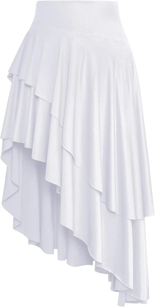 eoeoo Women's Sexy High Waisted Ruffle Hem Asymmetrical Flowy Long Skirt with Split (White, S)
